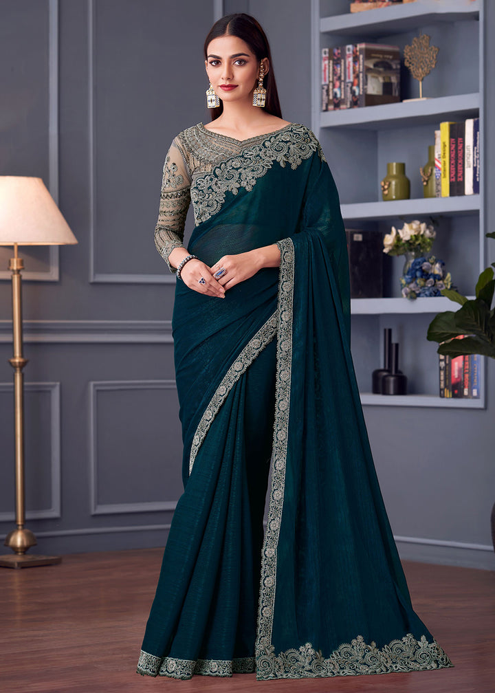 Buy Now Wedding Festive Style Teal Blue Embroidered Designer Saree Online in Canada, UK, France, Germany, UAE, USA & Worldwide at Empress Clothing.