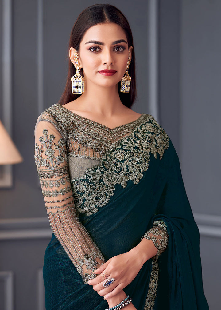 Buy Now Wedding Festive Style Teal Blue Embroidered Designer Saree Online in Canada, UK, France, Germany, UAE, USA & Worldwide at Empress Clothing.