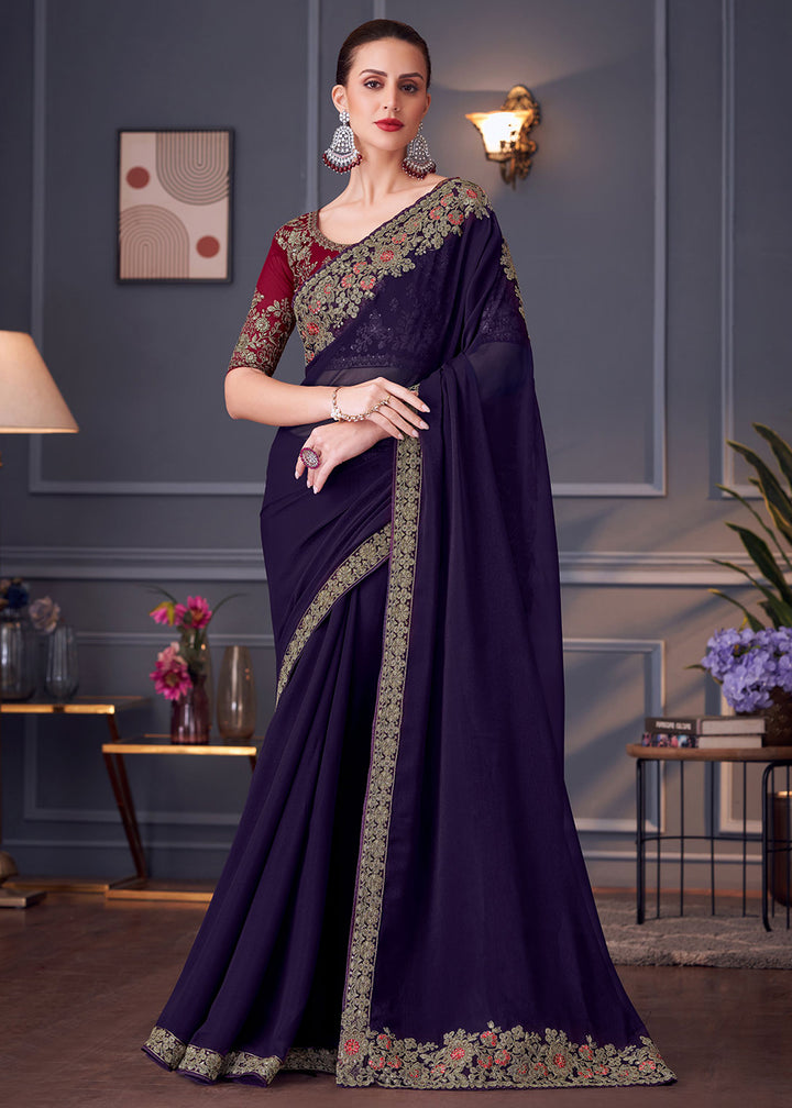 Buy Now Wedding Festive Style Purple Embroidered Designer Saree Online in Canada, UK, France, Germany, UAE, USA & Worldwide at Empress Clothing.