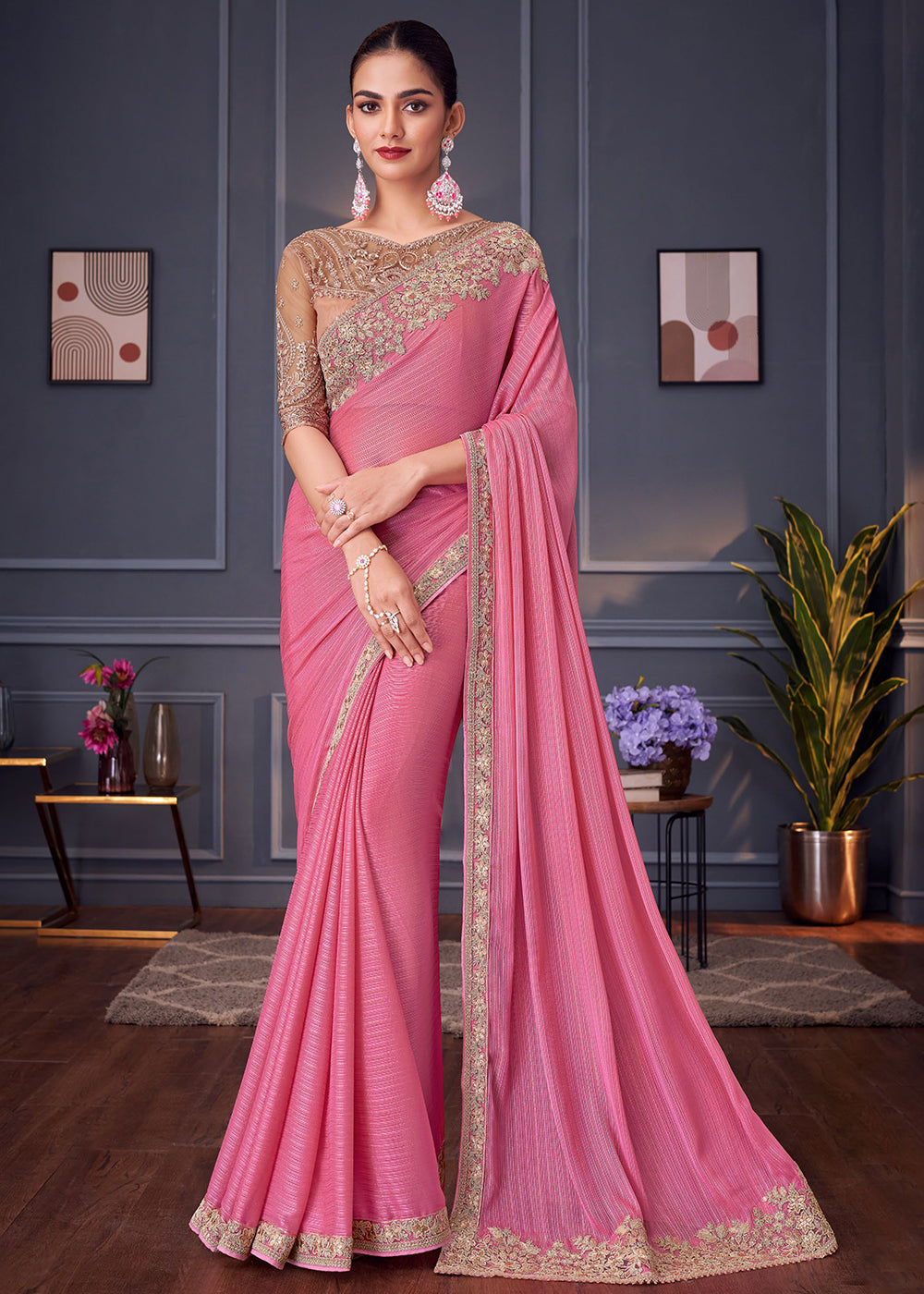 Buy Now Wedding Festive Style Pink Embroidered Designer Saree Online in Canada, UK, France, Germany, UAE, USA & Worldwide at Empress Clothing. 