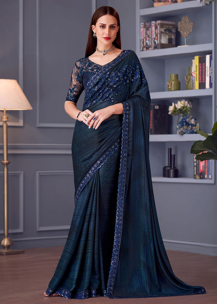 Buy Now Wedding Festive Style Blue Embroidered Designer Saree Online in Canada, UK, France, Germany, UAE, USA & Worldwide at Empress Clothing. 