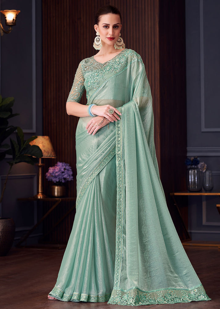 Buy Now Wedding Festive Style Sea Green Embroidered Designer Saree Online in Canada, UK, France, Germany, UAE, USA & Worldwide at Empress Clothing. 