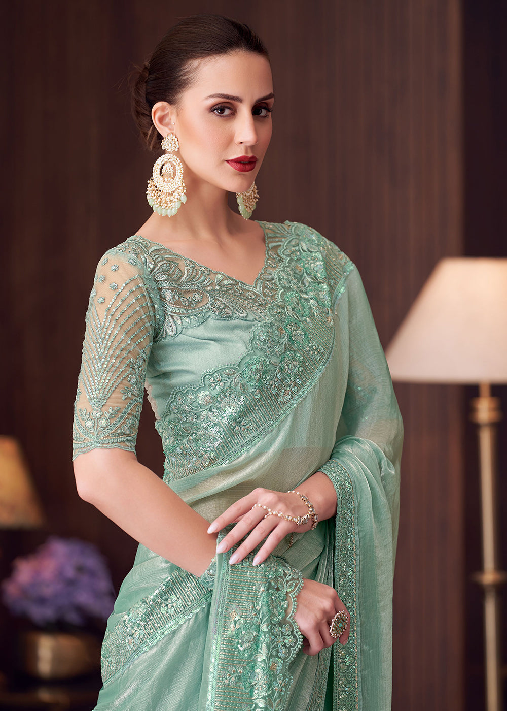 Buy Now Wedding Festive Style Sea Green Embroidered Designer Saree Online in Canada, UK, France, Germany, UAE, USA & Worldwide at Empress Clothing. 