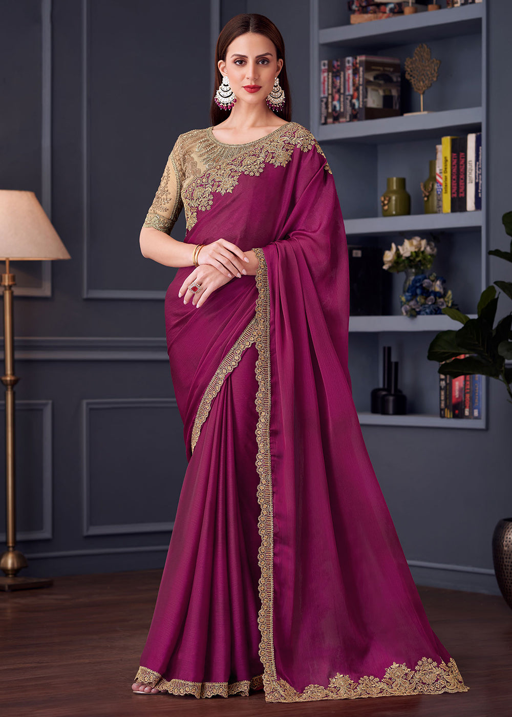 Buy Now Wedding Festive Style Magenta Embroidered Designer Saree Online in Canada, UK, France, Germany, UAE, USA & Worldwide at Empress Clothing. 