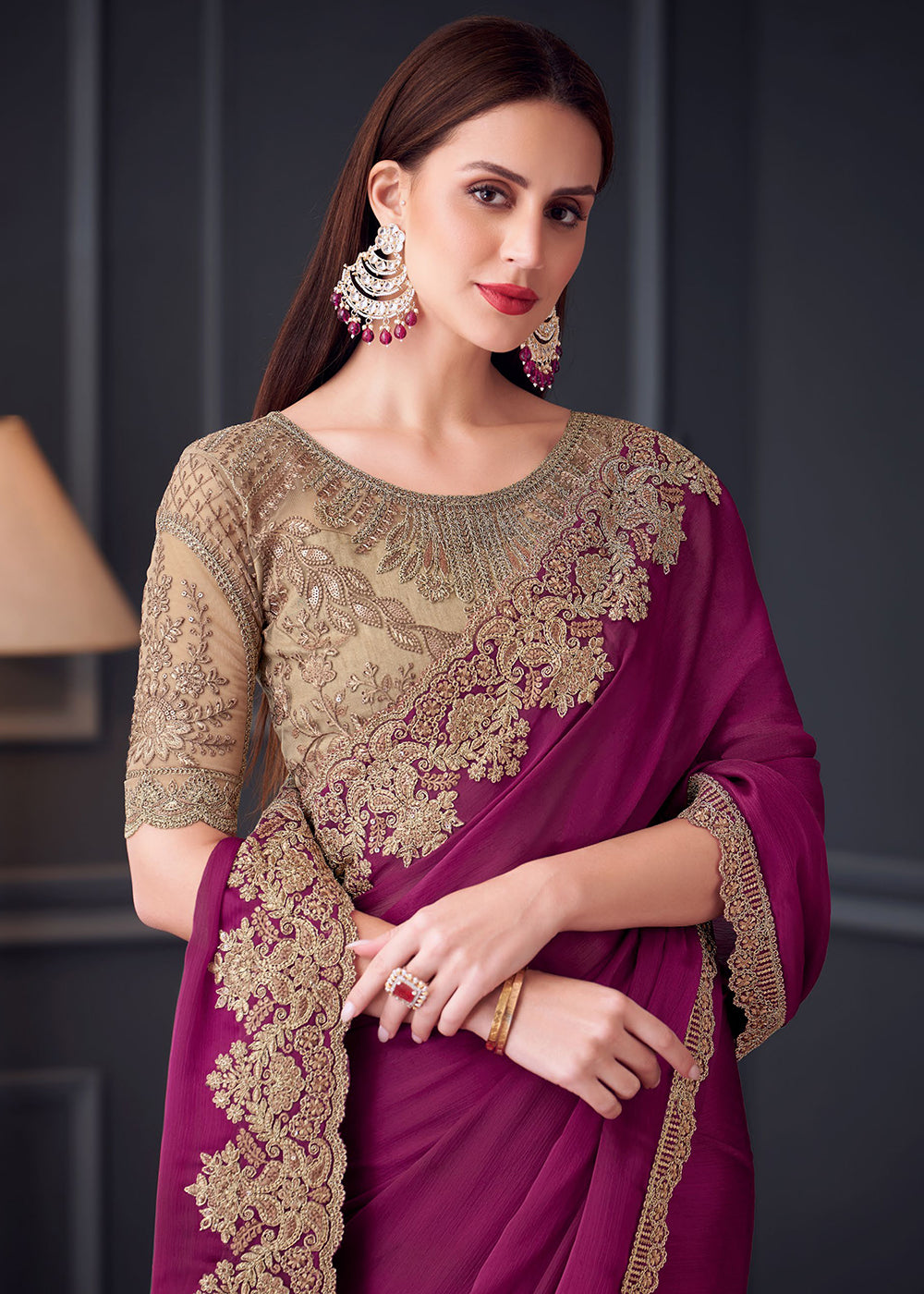 Buy Now Wedding Festive Style Magenta Embroidered Designer Saree Online in Canada, UK, France, Germany, UAE, USA & Worldwide at Empress Clothing. 