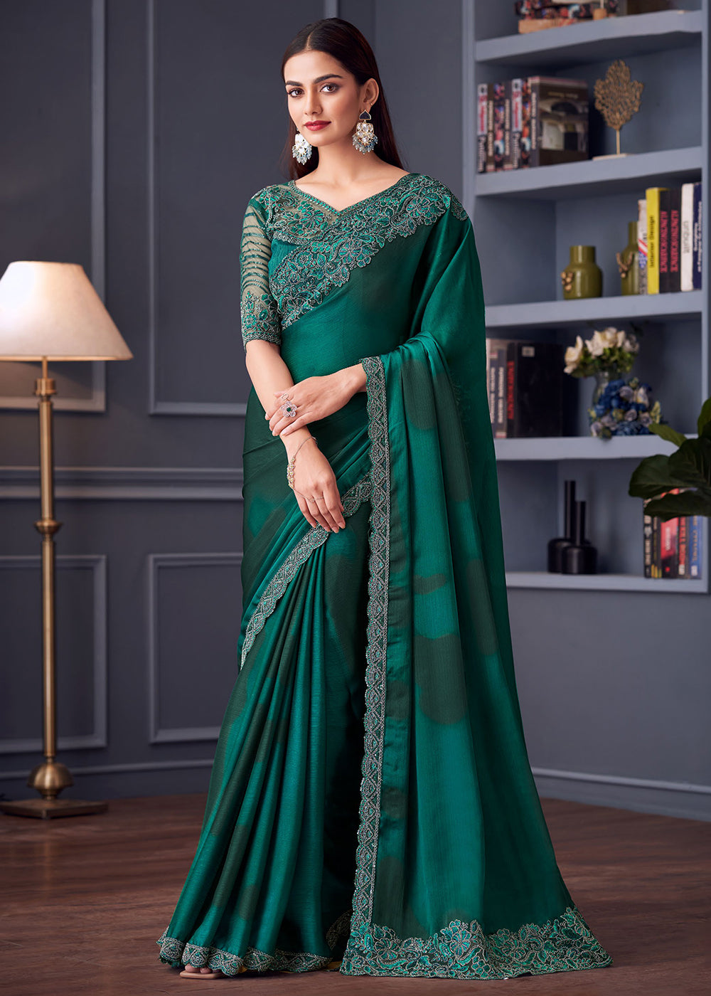 Buy Now Wedding Festive Style Teal Green Embroidered Designer Saree Online in Canada, UK, France, Germany, UAE, USA & Worldwide at Empress Clothing.