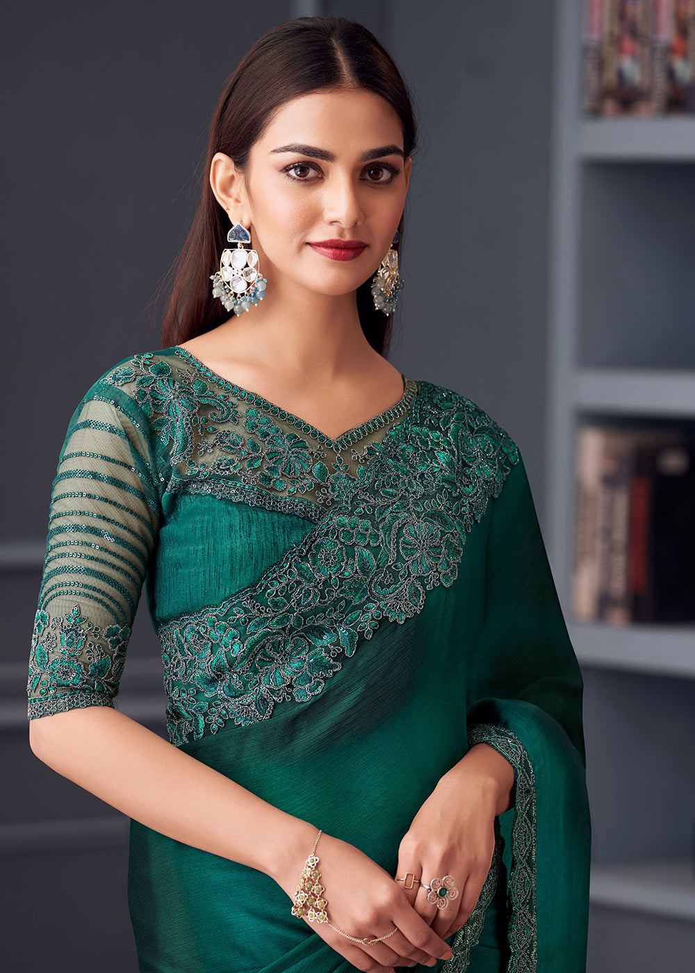 Buy Now Wedding Festive Style Teal Green Embroidered Designer Saree Online in Canada, UK, France, Germany, UAE, USA & Worldwide at Empress Clothing.