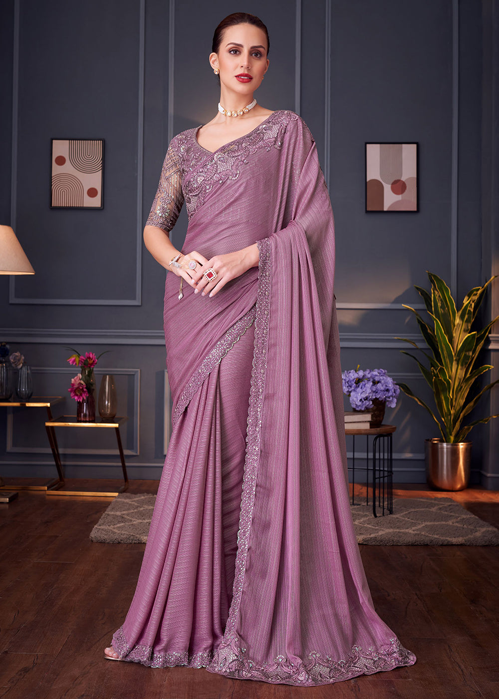 Buy Now Wedding Festive Style Mauve Embroidered Designer Saree Online in Canada, UK, France, Germany, UAE, USA & Worldwide at Empress Clothing.