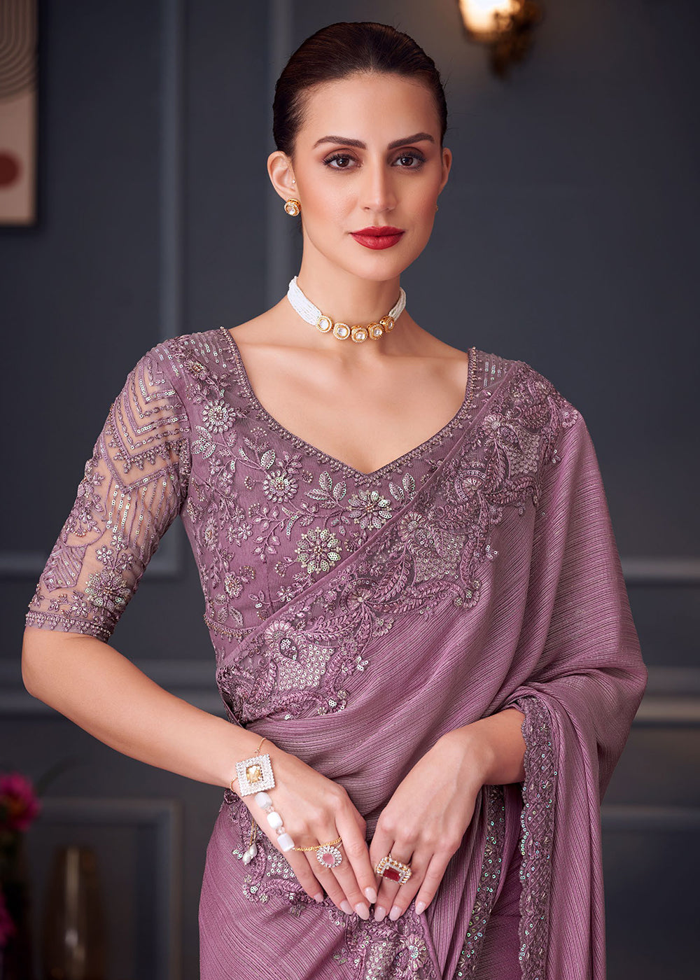 Buy Now Wedding Festive Style Mauve Embroidered Designer Saree Online in Canada, UK, France, Germany, UAE, USA & Worldwide at Empress Clothing.