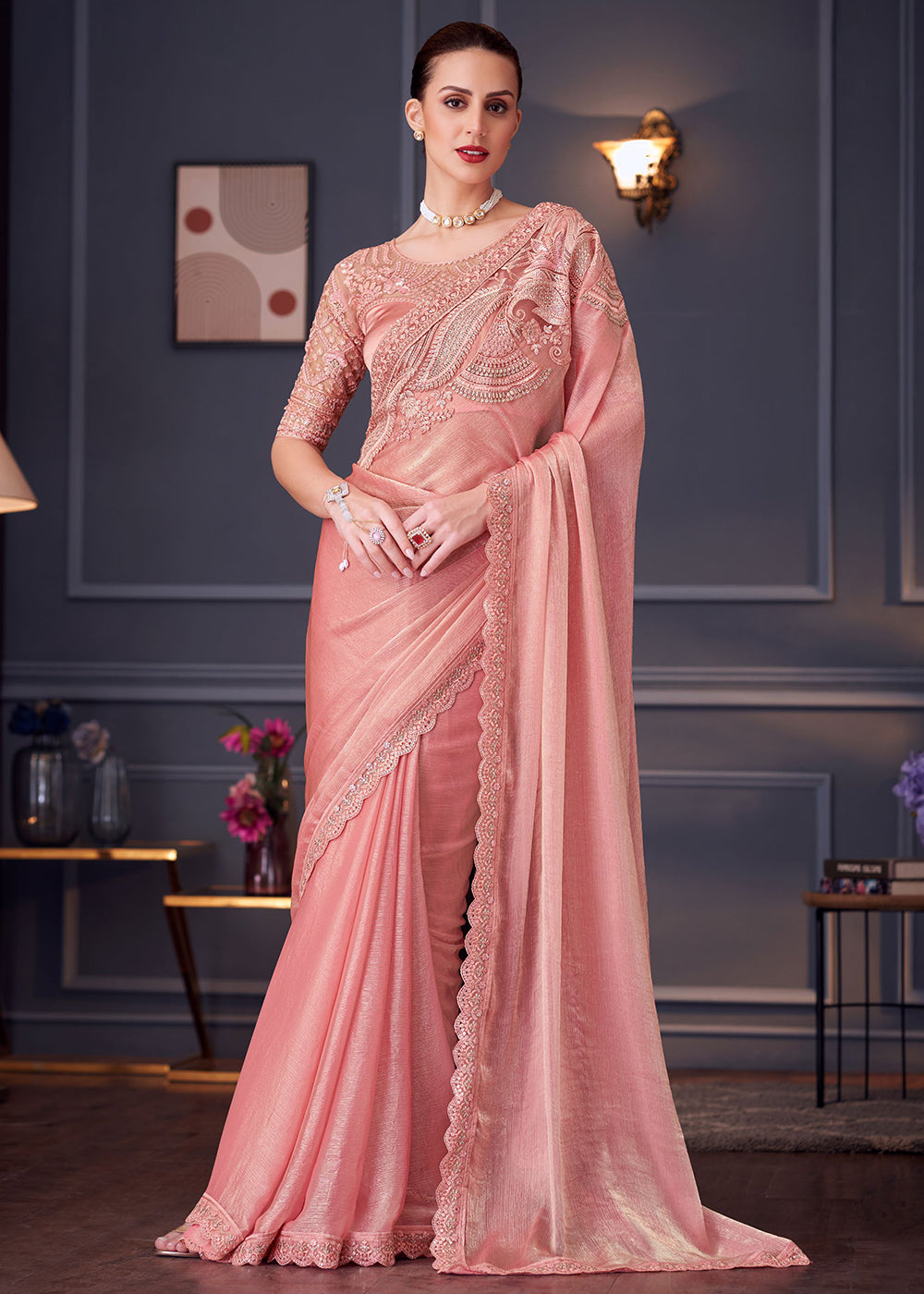 Buy Now Wedding Festive Style Peach Embroidered Designer Saree Online in Canada, UK, France, Germany, UAE, USA & Worldwide at Empress Clothing. 