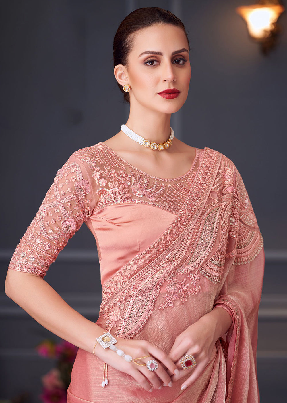 Buy Now Wedding Festive Style Peach Embroidered Designer Saree Online in Canada, UK, France, Germany, UAE, USA & Worldwide at Empress Clothing. 