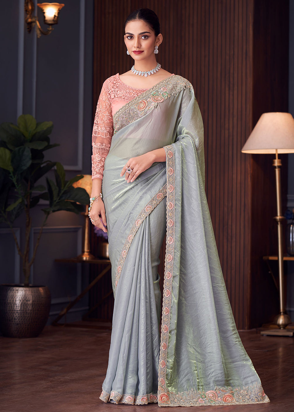 Buy Now Wedding Festive Style Bluish Grey Embroidered Designer Saree Online in Canada, UK, France, Germany, UAE, USA & Worldwide at Empress Clothing.