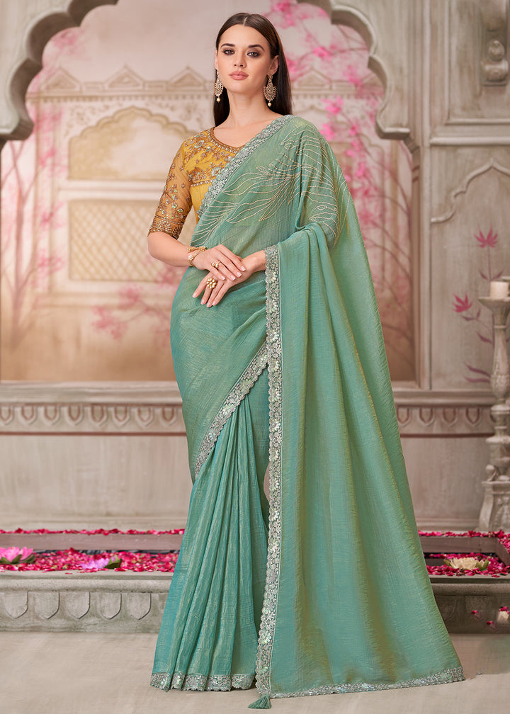 Buy Pista Green Satin Silk Embroidered Wedding Wear Saree Online in USA, UK, Canada, Spain, France, Germany, Italy, Austria, UAE & Worldwide at Empress Clothing.