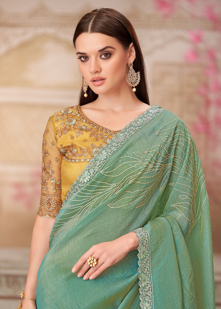 Buy Pista Green Satin Silk Embroidered Wedding Wear Saree Online in USA, UK, Canada, Spain, France, Germany, Italy, Austria, UAE & Worldwide at Empress Clothing.