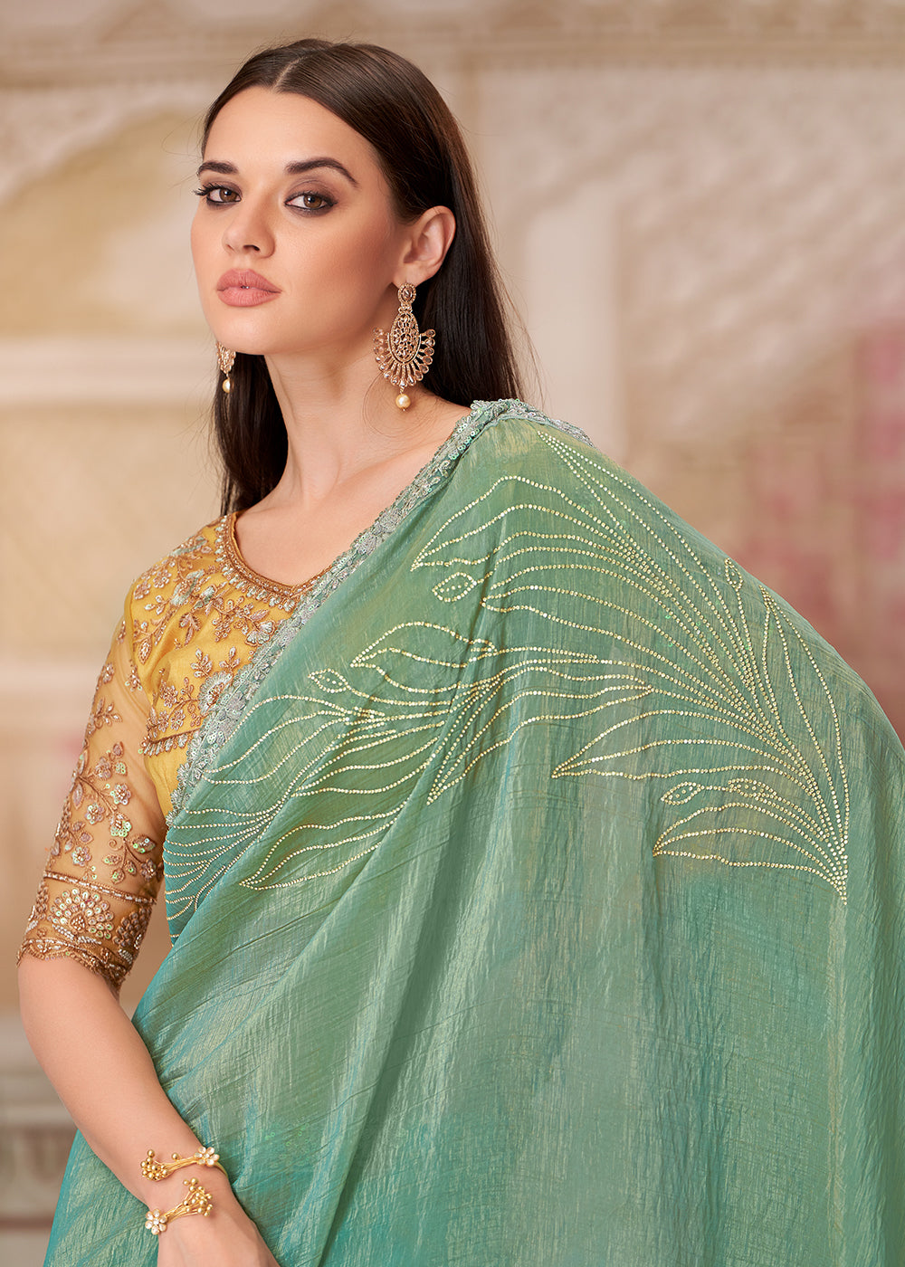 Buy Pista Green Satin Silk Embroidered Wedding Wear Saree Online in USA, UK, Canada, Spain, France, Germany, Italy, Austria, UAE & Worldwide at Empress Clothing.