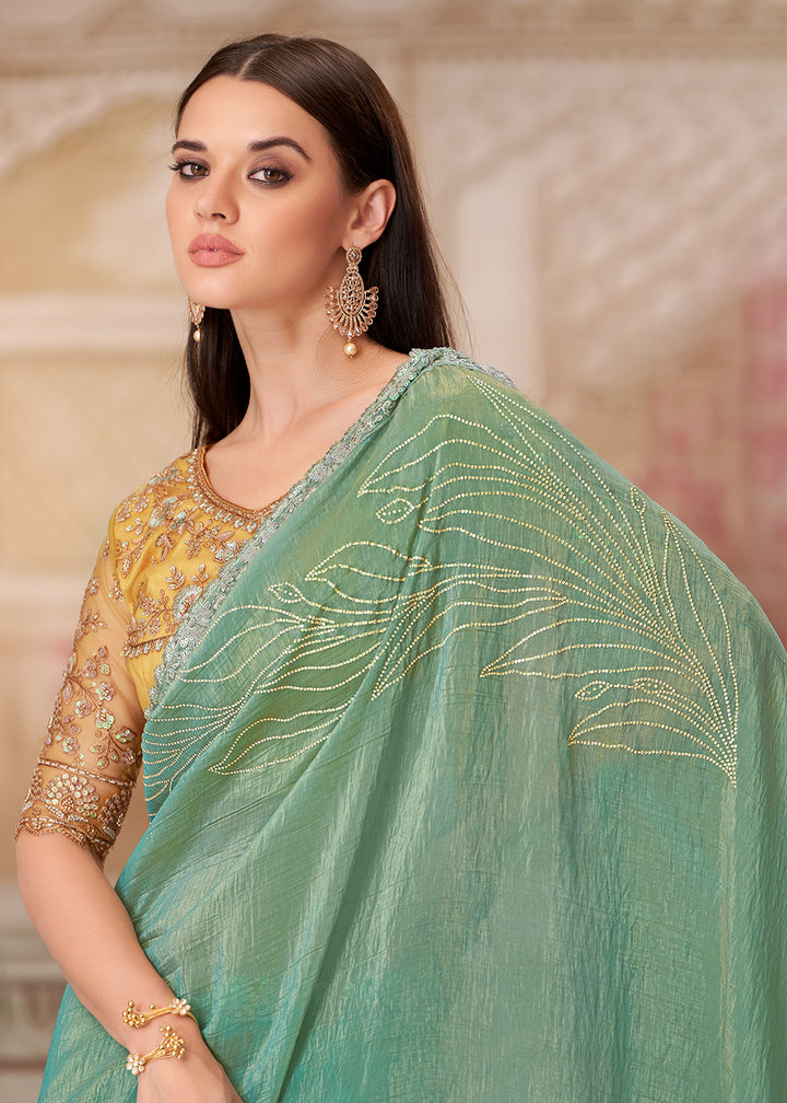 Buy Pista Green Satin Silk Embroidered Wedding Wear Saree Online in USA, UK, Canada, Spain, France, Germany, Italy, Austria, UAE & Worldwide at Empress Clothing.