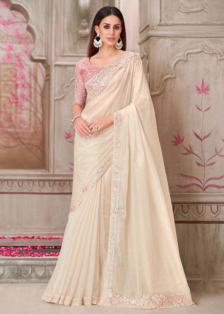 Buy Pearl White Satin Silk Embroidered Wedding Wear Saree Online in USA, UK, Canada, Spain, France, Germany, Italy, Austria, UAE & Worldwide at Empress Clothing