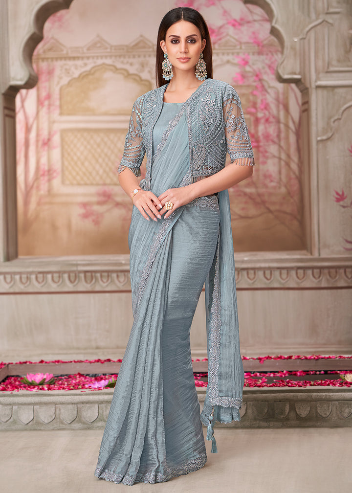 Buy Silver Grey Georgette Embroidered Wedding Wear Saree Online in USA, UK, Canada, Spain, France, Germany, Italy, Austria, UAE & Worldwide at Empress Clothing.
