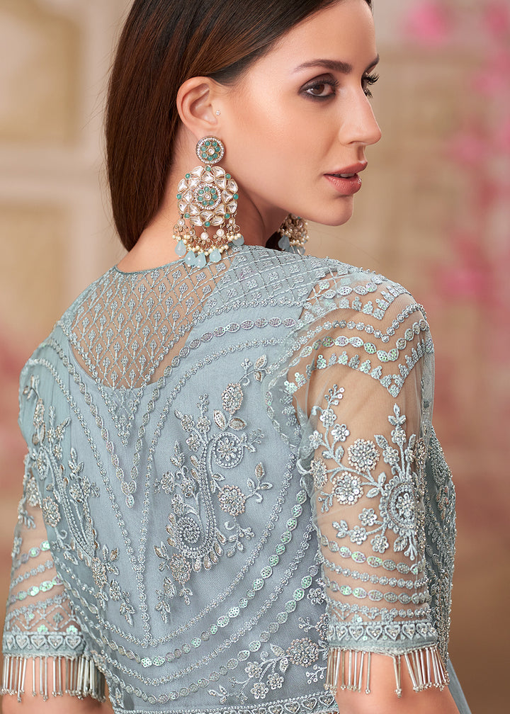 Buy Silver Grey Georgette Embroidered Wedding Wear Saree Online in USA, UK, Canada, Spain, France, Germany, Italy, Austria, UAE & Worldwide at Empress Clothing.