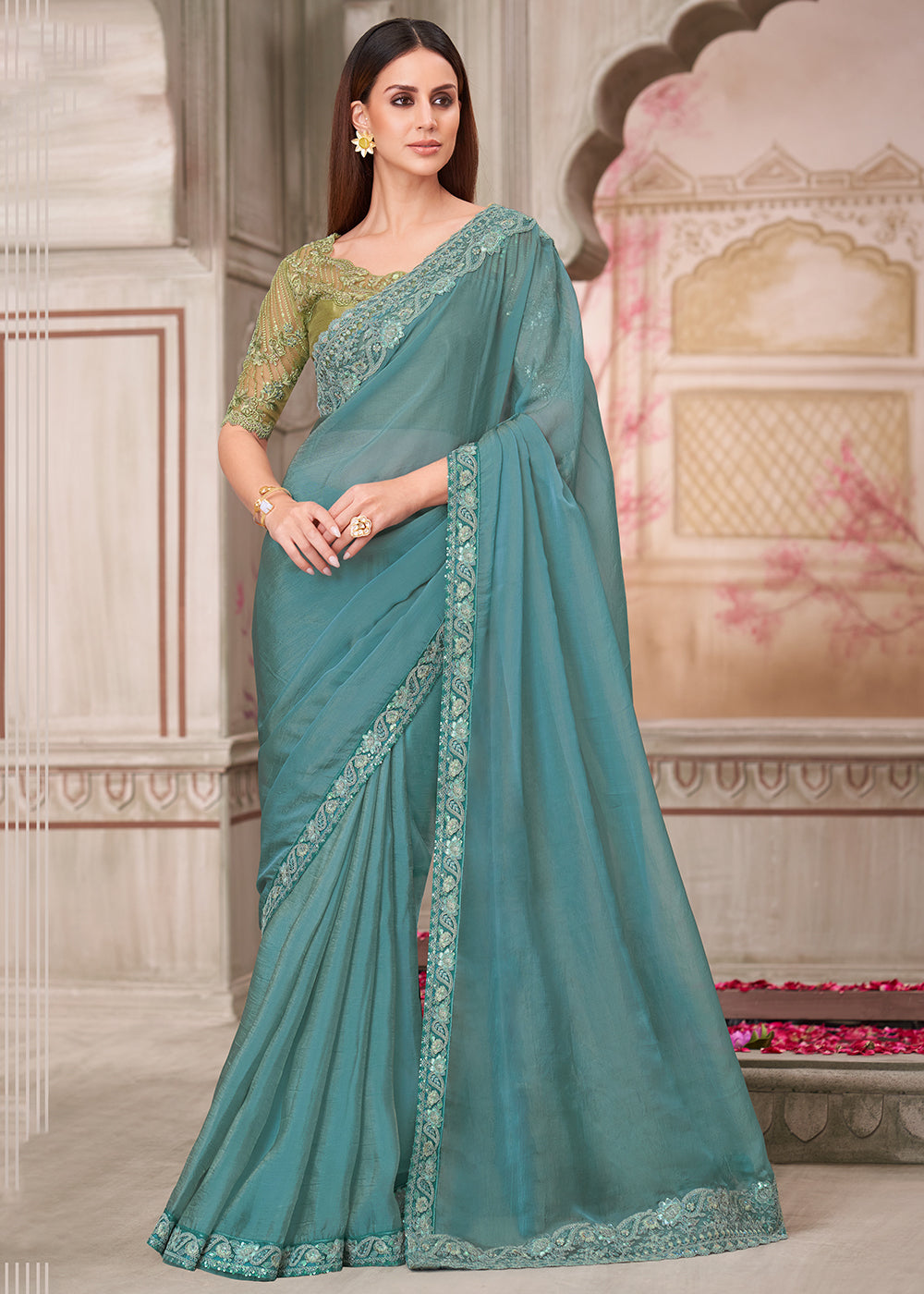 aqua blue indian dress Aqua Blue Net Cord And Cut Work Emboidered Sequins Lehenga Wedding Wear