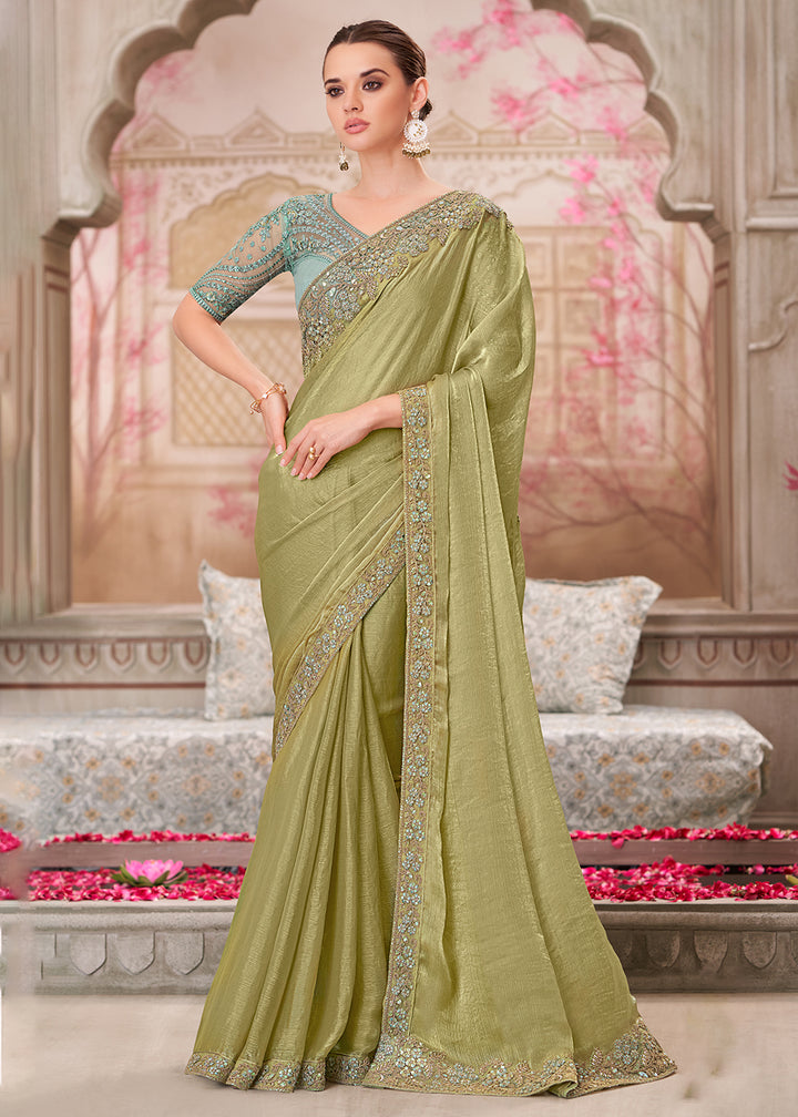 Buy Green Chiffon Silk Embroidered Wedding Wear Saree Online in USA, UK, Canada, Spain, France, Germany, Italy, Austria, UAE & Worldwide at Empress Clothing.