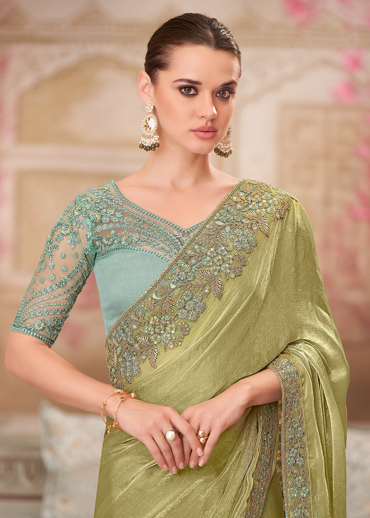 Buy Green Chiffon Silk Embroidered Wedding Wear Saree Online in USA, UK, Canada, Spain, France, Germany, Italy, Austria, UAE & Worldwide at Empress Clothing.