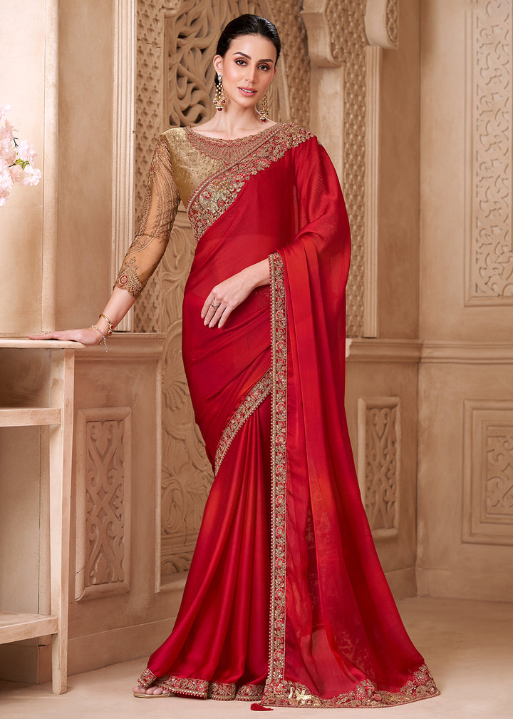 Buy Designer Style Red Embroidered Wedding Saree Online in US, UK, Canada, France, Germany, Denmark, Belgium, Sweden, UAE, Spain, Qatar & Worldwide at Empress.