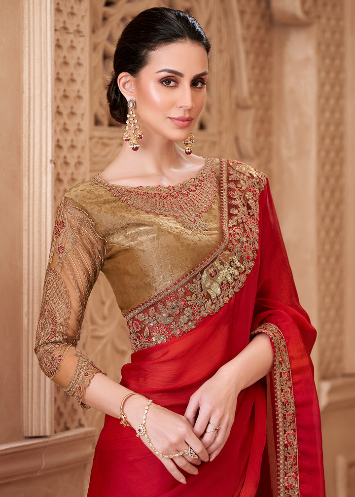 Buy Designer Style Red Embroidered Wedding Saree Online in US, UK, Canada, France, Germany, Denmark, Belgium, Sweden, UAE, Spain, Qatar & Worldwide at Empress.