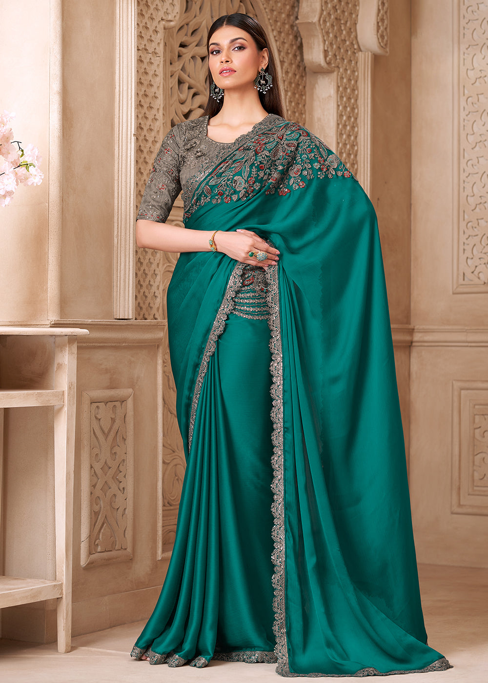 Buy Designer Style Rama Embroidered Wedding Saree Online in US, UK, Canada, France, Germany, Denmark, Belgium, Sweden, UAE, Spain, Qatar & Worldwide at Empress.