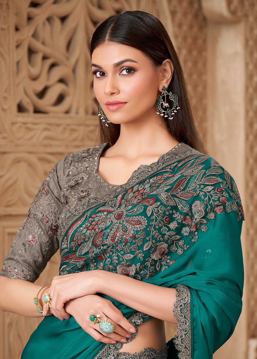 Buy Designer Style Rama Embroidered Wedding Saree Online in US, UK, Canada, France, Germany, Denmark, Belgium, Sweden, UAE, Spain, Qatar & Worldwide at Empress.