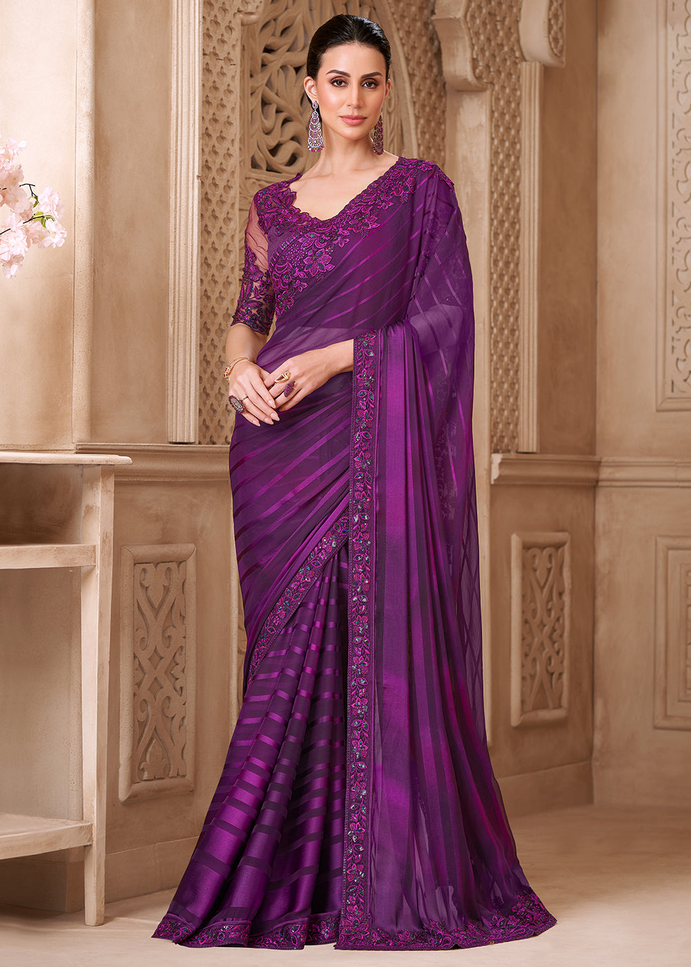 Buy Designer Style Mulberry Embroidered Wedding Saree Online in US, UK, Canada, France, Germany, Denmark, Belgium, Sweden, Spain, Qatar & Worldwide at Empress.