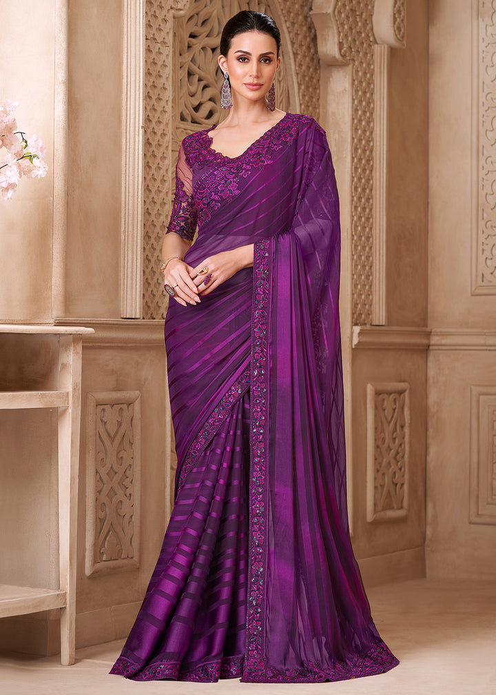 Buy Designer Style Mulberry Embroidered Wedding Saree Online in US, UK, Canada, France, Germany, Denmark, Belgium, Sweden, Spain, Qatar & Worldwide at Empress.