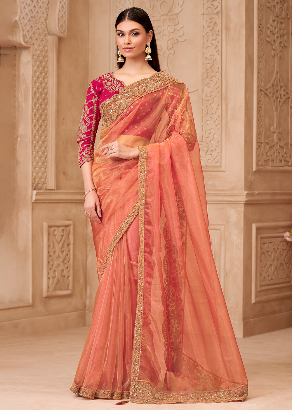 Buy Designer Style Peach Embroidered Wedding Saree Online in US, UK, Canada, France, Germany, Denmark, Belgium, Sweden, Spain, Qatar & Worldwide at Empress.