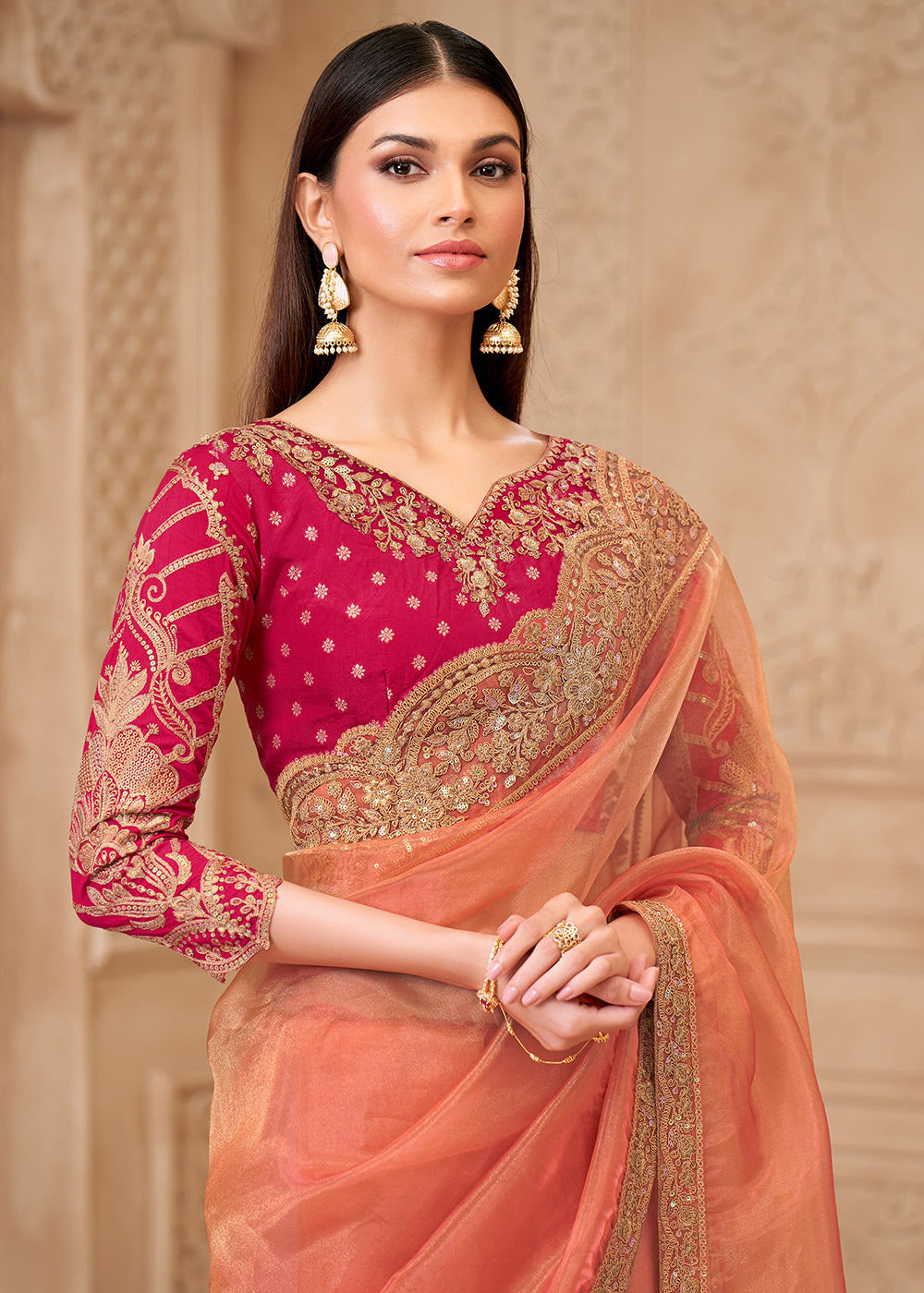 Buy Designer Style Peach Embroidered Wedding Saree Online in US, UK, Canada, France, Germany, Denmark, Belgium, Sweden, Spain, Qatar & Worldwide at Empress.