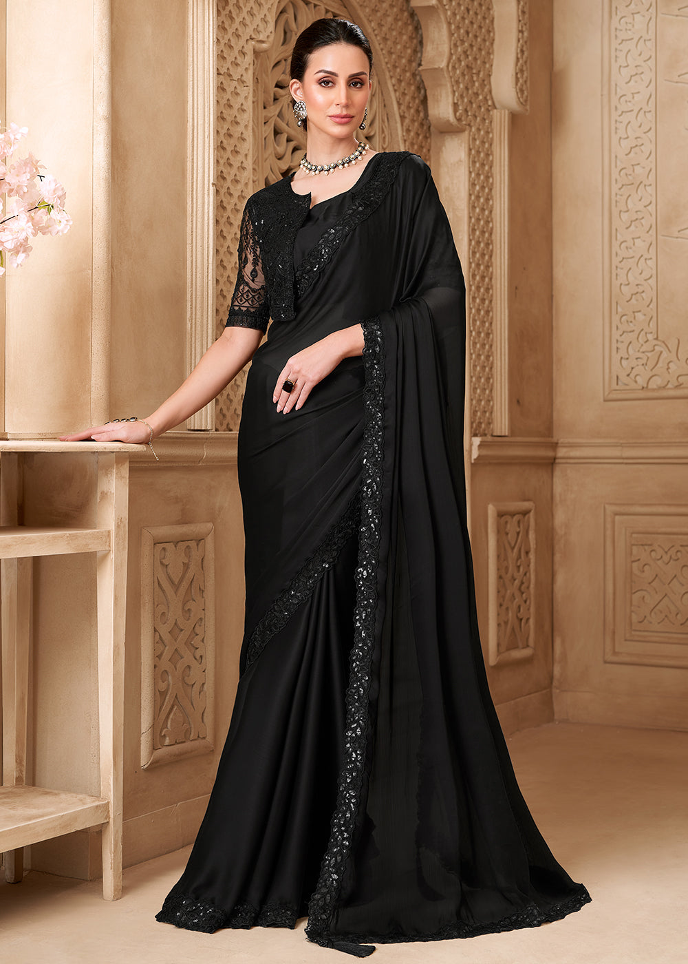 Buy Designer Style Black Embroidered Wedding Saree Online in US, UK, Canada, France, Germany, Denmark, Belgium, Sweden, Spain, Qatar & Worldwide at Empress.