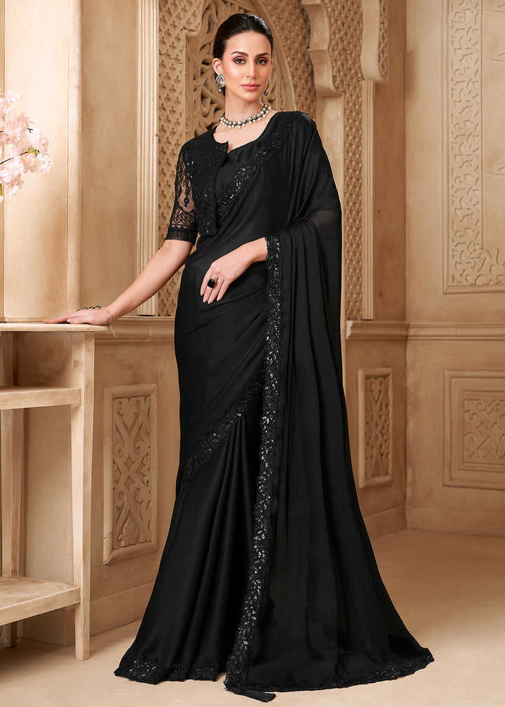 Buy Designer Style Black Embroidered Wedding Saree Online in US, UK, Canada, France, Germany, Denmark, Belgium, Sweden, Spain, Qatar & Worldwide at Empress.