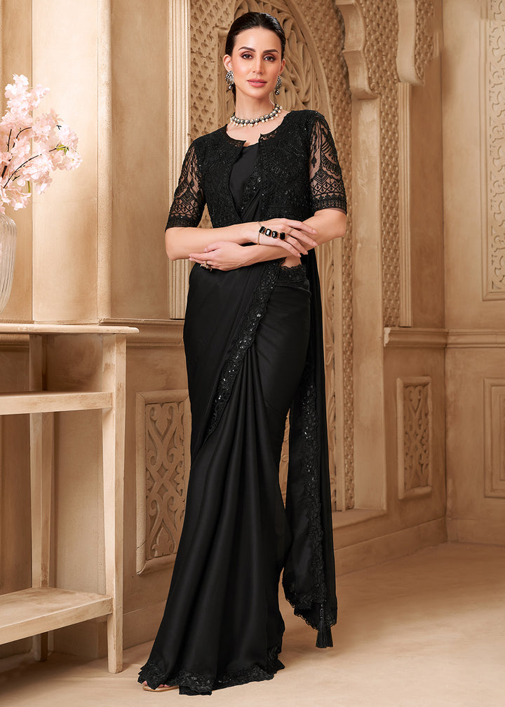 Designer Style Black Embroidered Wedding Saree