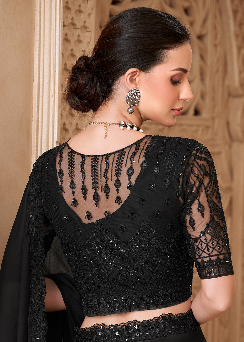 Buy Designer Style Black Embroidered Wedding Saree Online in US, UK, Canada, France, Germany, Denmark, Belgium, Sweden, Spain, Qatar & Worldwide at Empress.