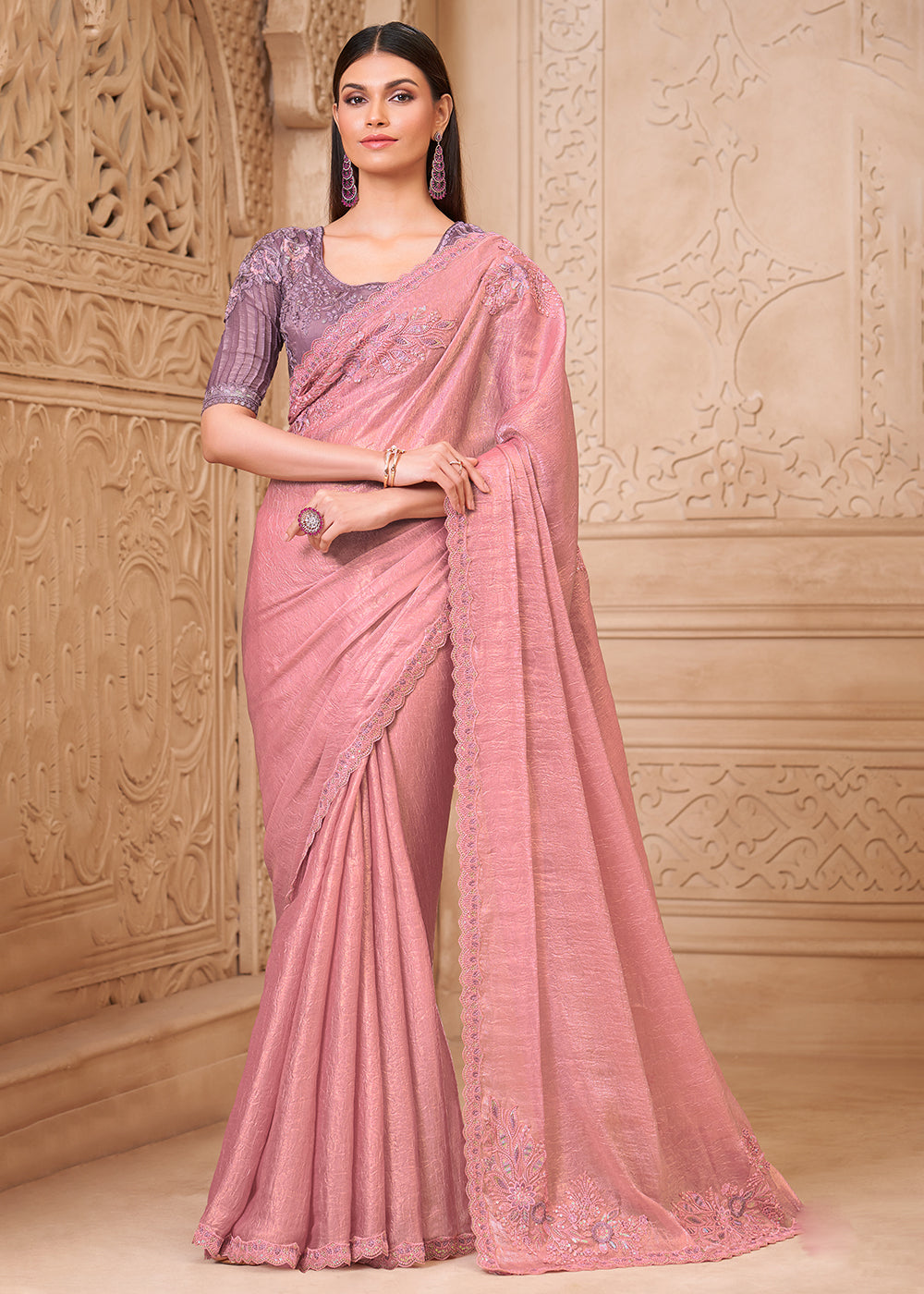 Buy Designer Style Pink Embroidered Wedding Saree Online in US, UK, Canada, France, Germany, Denmark, Belgium, Sweden, Spain, Qatar, UAE & Worldwide at Empress.