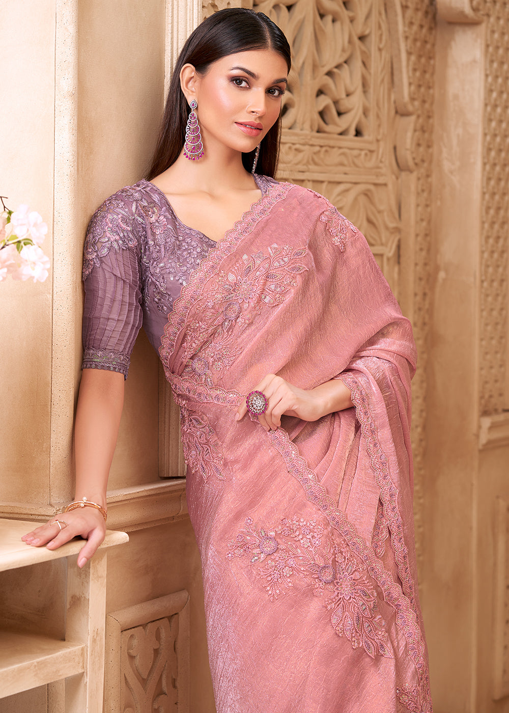Buy Designer Style Pink Embroidered Wedding Saree Online in US, UK, Canada, France, Germany, Denmark, Belgium, Sweden, Spain, Qatar, UAE & Worldwide at Empress.