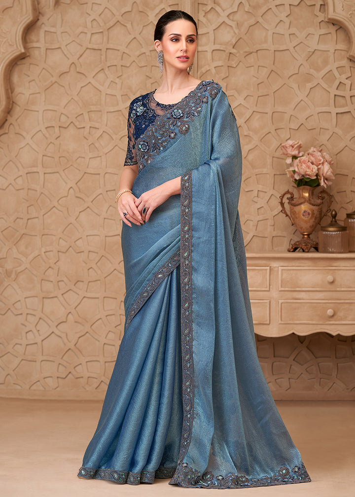 Buy Designer Style Blue Embroidered Wedding Saree Online in US, UK, Canada, France, Germany, Denmark, Belgium, Sweden, Spain, Qatar, UAE & Worldwide at Empress.