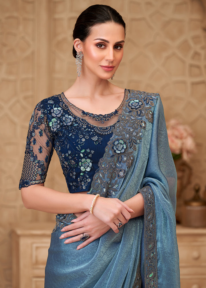 Buy Designer Style Blue Embroidered Wedding Saree Online in US, UK, Canada, France, Germany, Denmark, Belgium, Sweden, Spain, Qatar, UAE & Worldwide at Empress.
