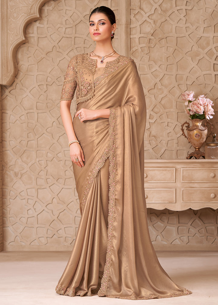 Buy Designer Style Gold Embroidered Wedding Saree Online in US, UK, Canada, France, Germany, Denmark, Belgium, Sweden, Spain, Qatar, UAE & Worldwide at Empress.