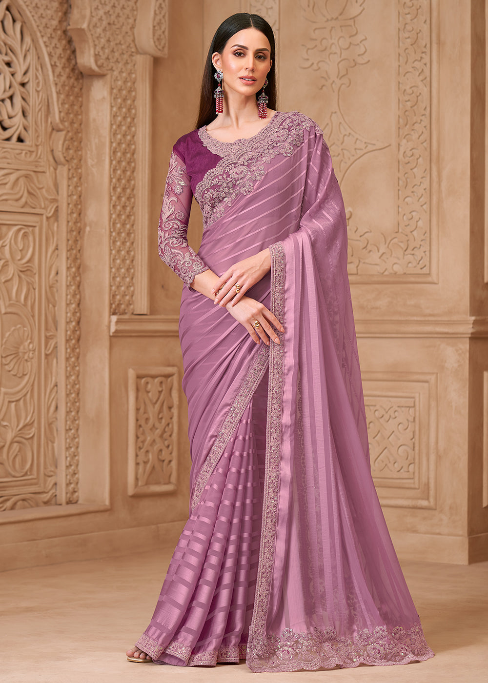 Buy Designer Style Onion Embroidered Wedding Saree Online in US, UK, Canada, France, Germany, Denmark, Belgium, Sweden, Spain, Qatar, UAE & Worldwide at Empress.