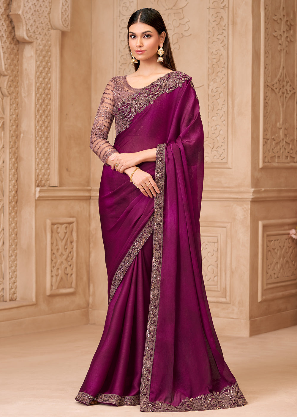 Buy Designer Style Wine Embroidered Wedding Saree Online in US, UK, Canada, France, Germany, Denmark, Belgium, Sweden, Spain, Qatar, UAE & Worldwide at Empress.