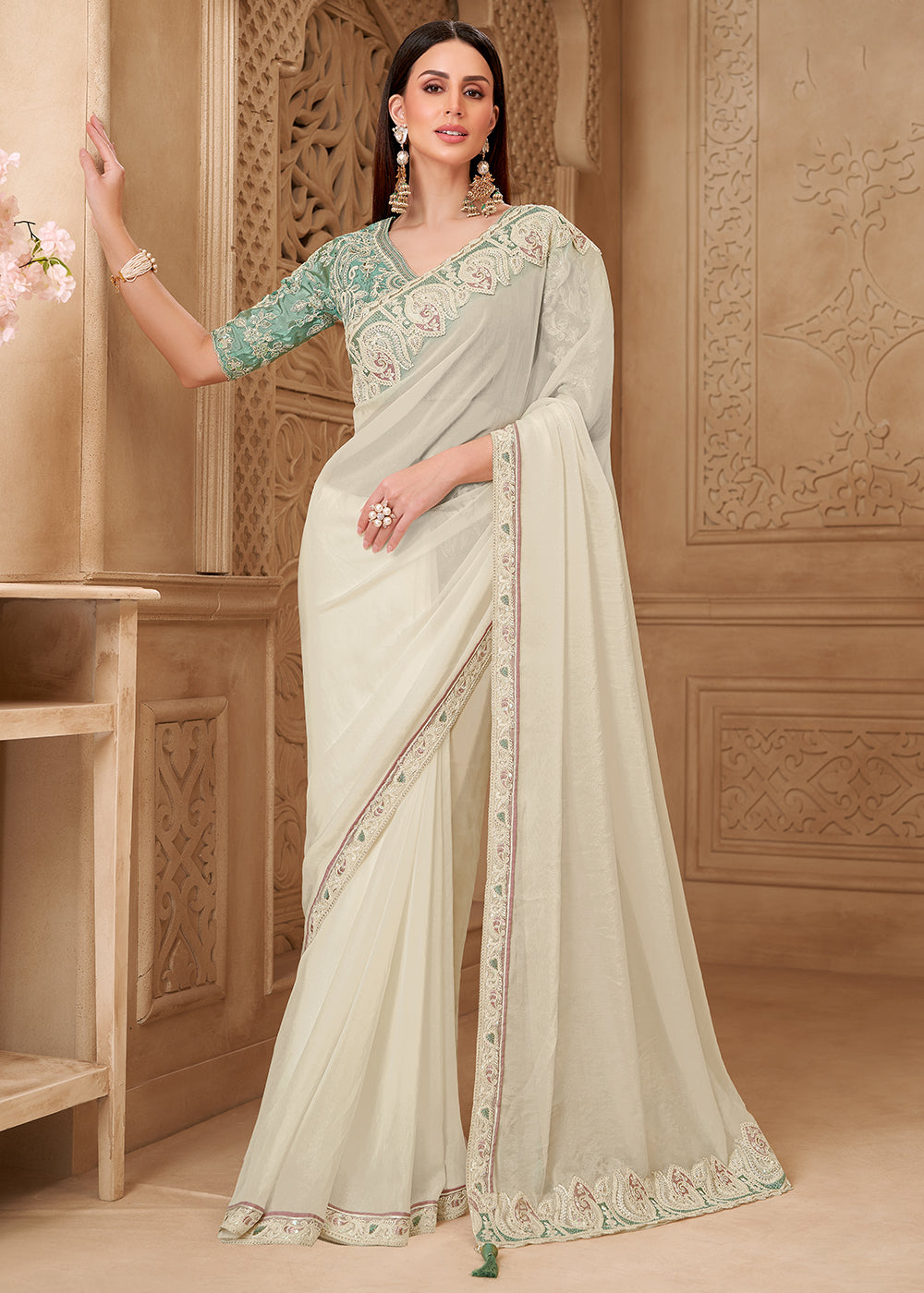 Buy Designer Style White Embroidered Wedding Saree Online in US, UK, Canada, France, Germany, Denmark, Belgium, Sweden, Spain, Qatar, UAE & Worldwide at Empress.