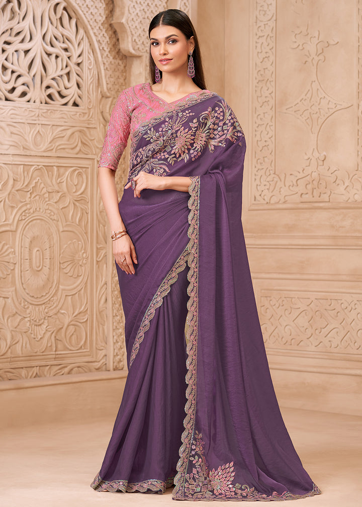 Buy Designer Style Purple Embroidered Wedding Saree Online in US, UK, Canada, France, Germany, Denmark, Belgium, Sweden, Spain, Qatar & Worldwide at Empress.