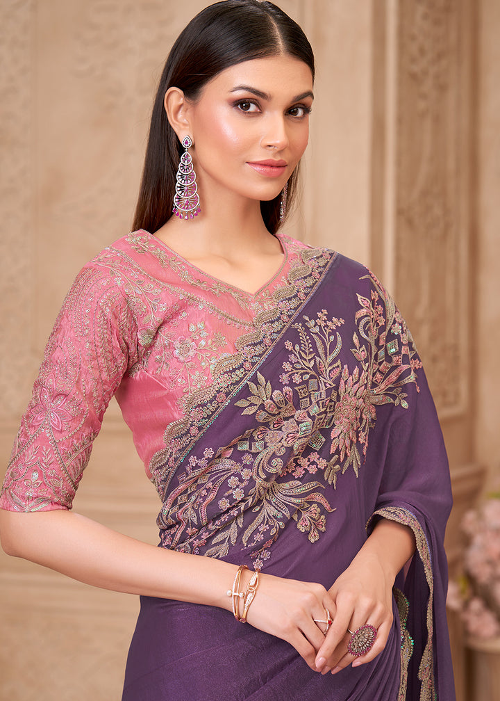 Buy Designer Style Purple Embroidered Wedding Saree Online in US, UK, Canada, France, Germany, Denmark, Belgium, Sweden, Spain, Qatar & Worldwide at Empress.