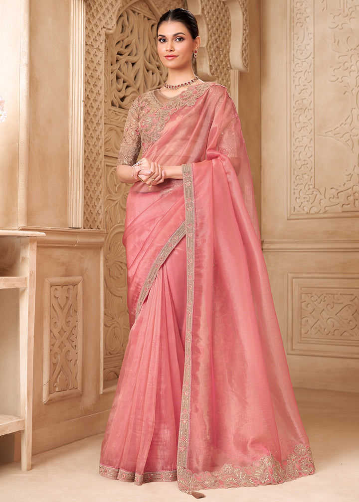 Buy Designer Style Coral Embroidered Wedding Saree Online in US, UK, Canada, France, Germany, Denmark, Belgium, Sweden, Spain, Qatar & Worldwide at Empress.