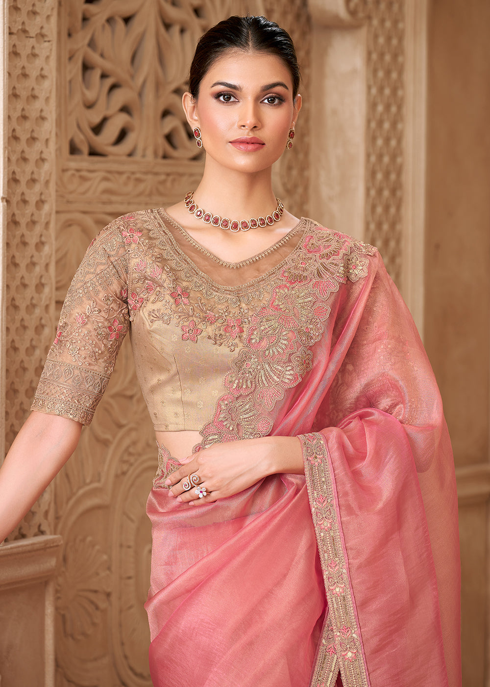 Buy Designer Style Coral Embroidered Wedding Saree Online in US, UK, Canada, France, Germany, Denmark, Belgium, Sweden, Spain, Qatar & Worldwide at Empress.